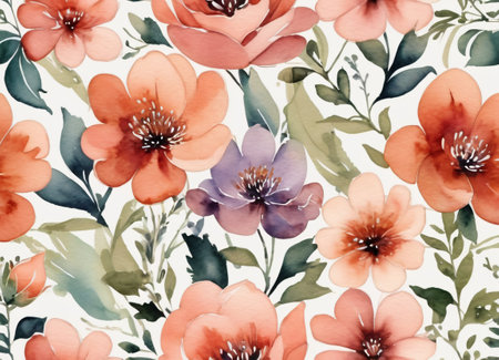 A beautiful watercolor painting featuring a collection of vibrant flowers against a dark background. The flowers are in full bloom, showcasing petals in shades of red, pink, orange, and purple. The flowers have detailed centers with visible stamens.の素材