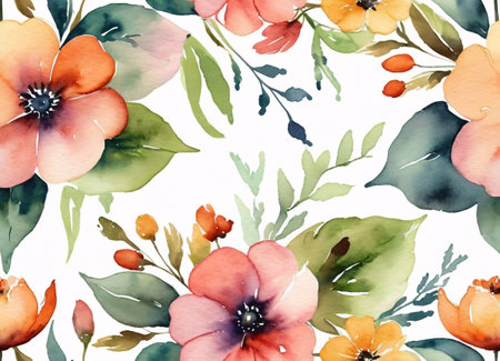 A beautiful watercolor painting featuring a collection of vibrant flowers against a dark background. The flowers are in full bloom, showcasing petals in shades of red, pink, orange, and purple. The flowers have detailed centers with visible stamens.の素材