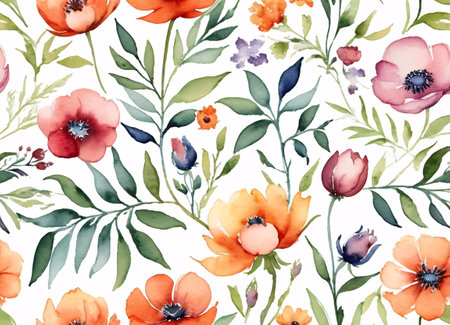 A beautiful watercolor painting featuring a collection of vibrant flowers against a dark background. The flowers are in full bloom, showcasing petals in shades of red, pink, orange, and purple. The flowers have detailed centers with visible stamens.の素材