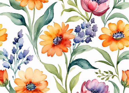 A beautiful watercolor painting featuring a collection of vibrant flowers against a dark background. The flowers are in full bloom, showcasing petals in shades of red, pink, orange, and purple. The flowers have detailed centers with visible stamens.の素材