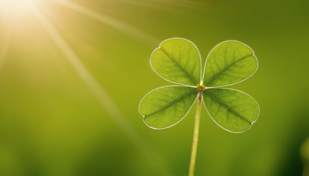 A close-up shot of fresh green clover leaves with water drops on a soft blurred background. This image symbolizes luck, nature, and growth.の素材