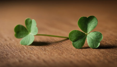A macro shot of a bright green four-leaf clover with water droplets on a dark brown wooden background. This image conveys a sense of luck, nature, and beauty.の素材