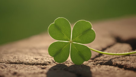 A stunning image of a large green clover leaf backlit by the golden sun. The leaf is surrounded by shadows and plants on the forest floor, creating a contrast between light and dark.の素材