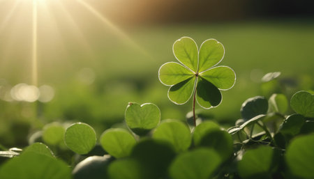 A close-up shot of fresh green clover leaves with water drops on a soft blurred background. This image symbolizes luck, nature, and growth.の素材