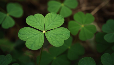 A beautiful image of a green clover leaf shining in the sun rays in a forest setting. The leaf stands out among the brown leaves and plants on the ground, creating a bokeh effect. The image conveysの素材