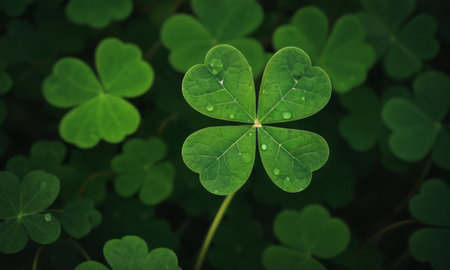 A beautiful image of a green clover leaf shining in the sun rays in a forest setting. The leaf stands out among the brown leaves and plants on the ground, creating a bokeh effect. The image conveysの素材