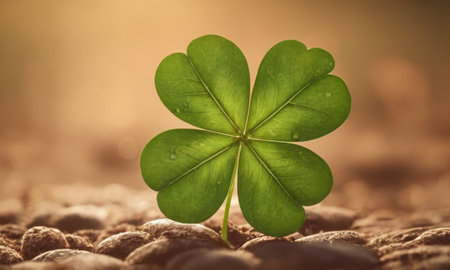 A stunning image of a large green clover leaf backlit by the golden sun. The leaf is surrounded by shadows and plants on the forest floor, creating a contrast between light and dark.の素材