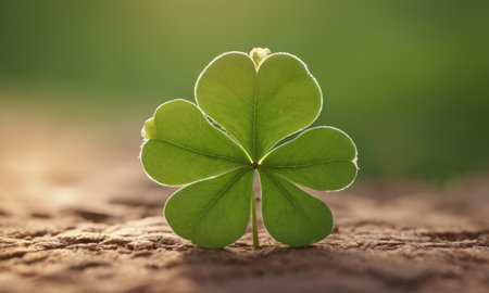 A stunning image of a large green clover leaf backlit by the golden sun. The leaf is surrounded by shadows and plants on the forest floor, creating a contrast between light and dark.の素材