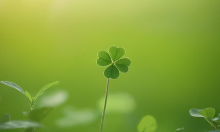A close-up shot of fresh green clover leaves with water drops on a soft blurred background. This image symbolizes luck, nature, and growth.の素材