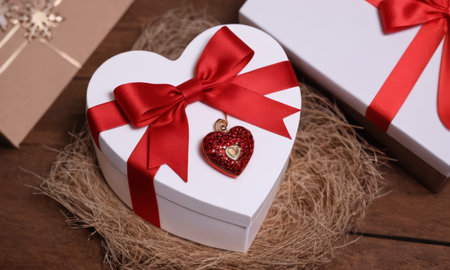 A beautifully wrapped gift adorned with a vibrant red bow sits elegantly against a backdrop of more presents and festive decorations. The scene captures the spirit of giving and the joy of the holiday season.の素材