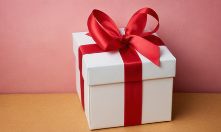 A beautifully wrapped gift adorned with a vibrant red bow sits elegantly against a backdrop of more presents and festive decorations. The scene captures the spirit of giving and the joy of the holiday season.の素材