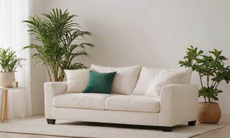 A bright and modern living room featuring a white sofa adorned with green cushions. The space is enhanced by various indoor plants and natural light pouring in through a large window. A perfect blend of comfort and contemporary style.の素材