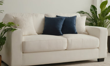 A bright and modern living room featuring a white sofa adorned with green cushions. The space is enhanced by various indoor plants and natural light pouring in through a large window. A perfect blend of comfort and contemporary style.の素材
