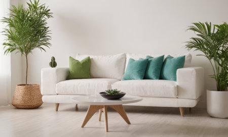 Interior of modern living room with white sofa and green pillowsの素材