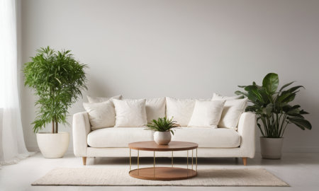 Interior of living room with white sofa, coffee table and plantsの素材