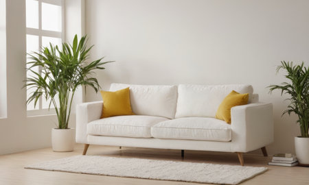 Interior of modern living room with white sofa, plants and windowの素材