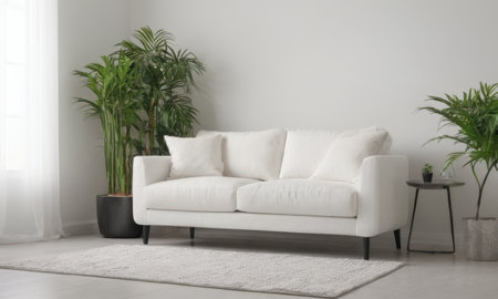 A bright and modern living room featuring a white sofa adorned with green cushions. The space is enhanced by various indoor plants and natural light pouring in through a large window. A perfect blend of comfort and contemporary style.の素材