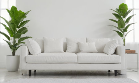 Interior of living room with white sofa and plant. 3d renderingの素材