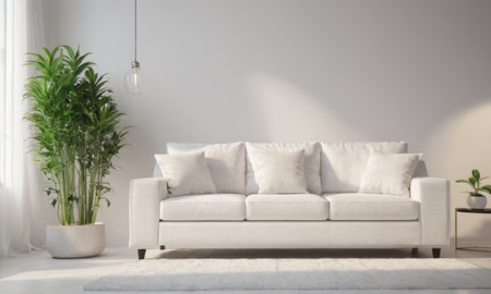 A bright and modern living room featuring a white sofa adorned with green cushions. The space is enhanced by various indoor plants and natural light pouring in through a large window. A perfect blend of comfort and contemporary style.の素材