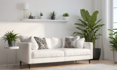 Modern living room interior with white sofa and plants. 3d renderの素材