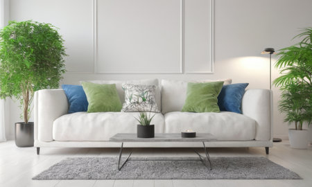 interior with white sofa. 3d render illustration mock-upの素材