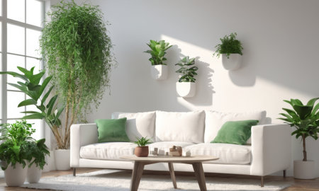 Interior of modern living room with white sofa and green plants 3D renderingの素材