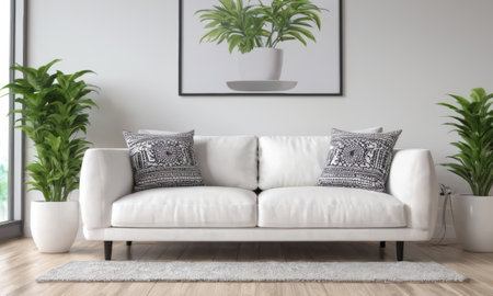 A bright and modern living room featuring a white sofa adorned with green cushions. The space is enhanced by various indoor plants and natural light pouring in through a large window. A perfect blend of comfort and contemporary style.の素材