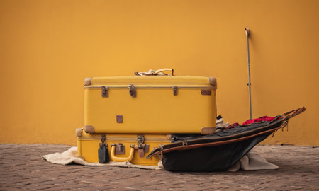 A bright yellow suitcase stands out against the wall. The image evokes the feeling of preparing for an elegant trip or vacation.の素材