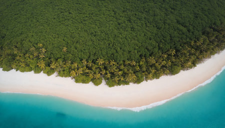Aerial view of a tropical beach with crystal clear water, palm trees and sand.の素材