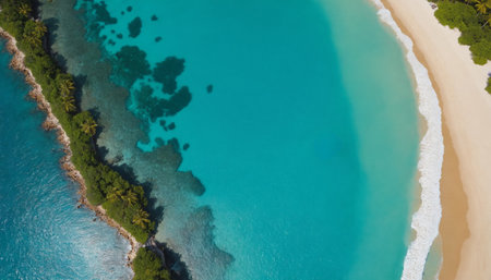 Aerial view of a tropical beach with crystal clear water, palm trees and sand.の素材