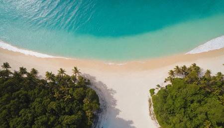 Aerial view of a tropical beach with crystal clear water, palm trees and sand.の素材