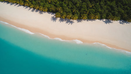 Aerial view of a tropical beach with crystal clear water, palm trees and sand.の素材