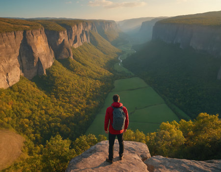 A lone explorer stands on the edge of a cliff. Before him, beneath a cloud-strewn sky, lies a vast expanse of majestic mountains and lush green valleys.の素材