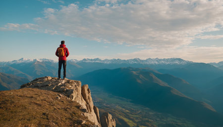 A lone explorer stands on the edge of a cliff. Before him, beneath a cloud-strewn sky, lies a vast expanse of majestic mountains and lush green valleys.の素材