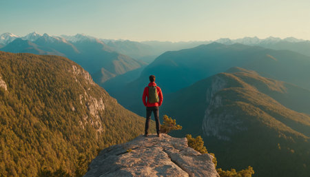 A lone explorer stands on the edge of a cliff. Before him, beneath a cloud-strewn sky, lies a vast expanse of majestic mountains and lush green valleys.の素材