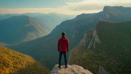 A lone explorer stands on the edge of a cliff. Before him, beneath a cloud-strewn sky, lies a vast expanse of majestic mountains and lush green valleys.の素材