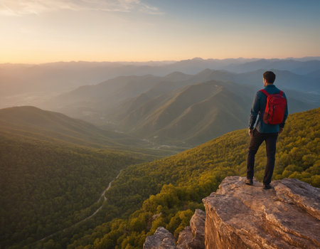A lone explorer stands on the edge of a cliff. Before him, beneath a cloud-strewn sky, lies a vast expanse of majestic mountains and lush green valleys.の素材
