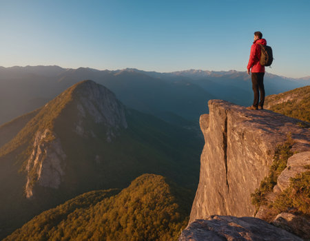 A lone explorer stands on the edge of a cliff. Before him, beneath a cloud-strewn sky, lies a vast expanse of majestic mountains and lush green valleys.の素材