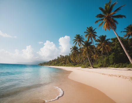 Tropical beach with coconut palm trees and blue sky background.の素材