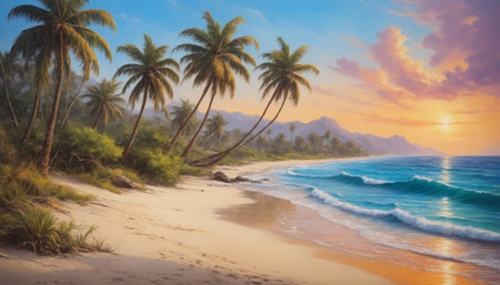 Tropical beach with palm trees at sunset. Seascape background.の素材