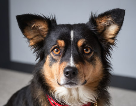 Portrait of a mixed breed dog with a red collar on a gray backgroundの素材