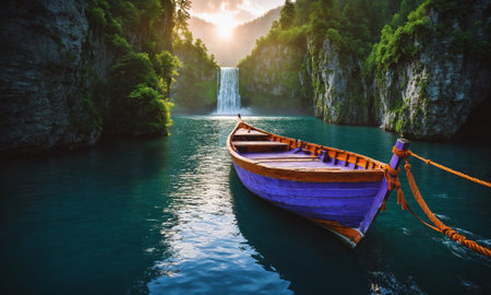 Beautiful view of a boat and a waterfall in the morning.の素材