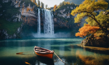 Beautiful autumn landscape with a boat and a waterfall on the backgroundの素材