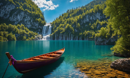 Serene view of a majestic waterfall surrounded by colorful flowers. Empty wooden boat on calm waterの素材