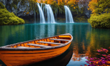 Serene view of a majestic waterfall surrounded by colorful flowers. Empty wooden boat on calm waterの素材