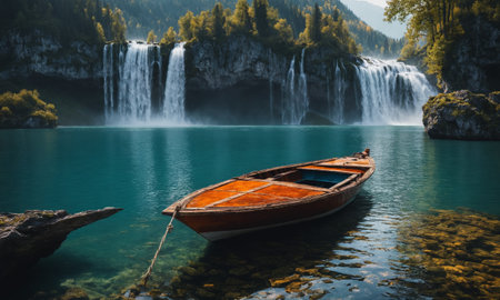 Boat on the background of a waterfall in the Plitvice Lakes National Park, Croatiaの素材