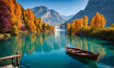 A wooden boat floats on a tranquil lake surrounded by mountains and trees adorned with vibrant autumn foliage. The scene encapsulates the serene beauty of nature.の素材