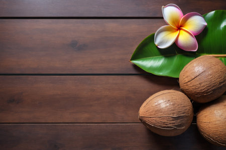 Coconut and Frangipani flower on wooden background.の素材