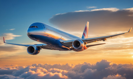 Airplane flying above the clouds at sunsetの素材