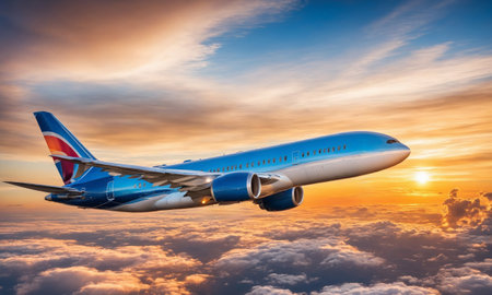 Airplane flying above the clouds at sunsetの素材
